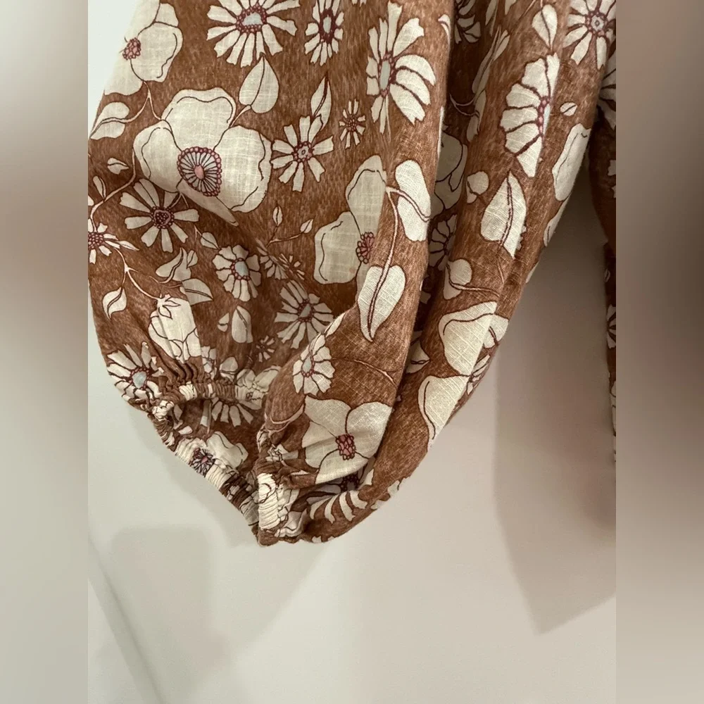 Free People brown puff sleeve blouse w/ floral pattern (read description) (fair)